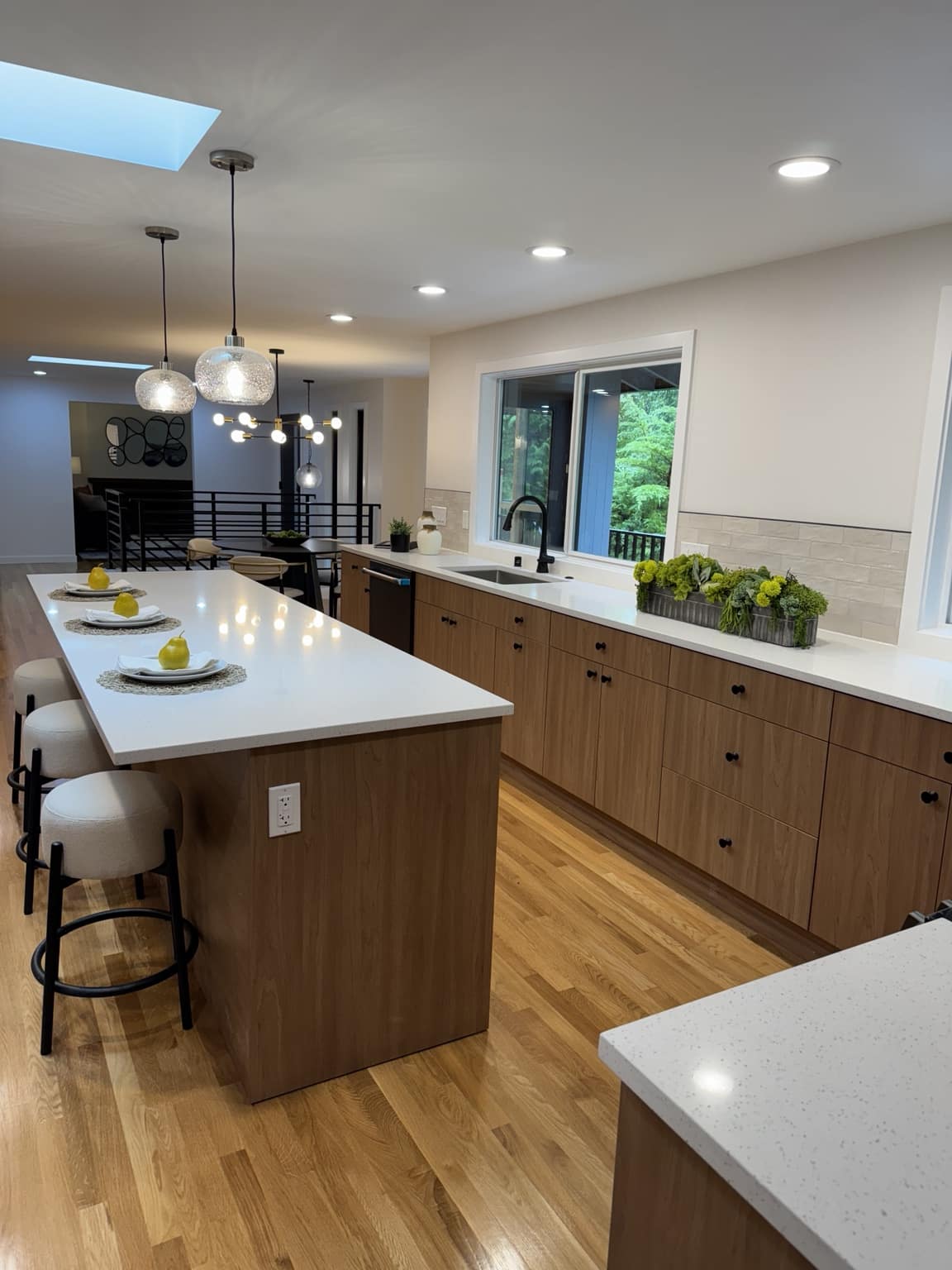Mercer Island kitchen island, sink wall and open dining connection